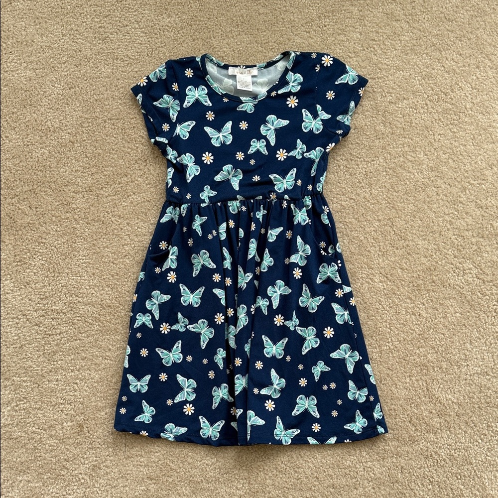 Girl’s Butterfly Print Dress in Navy